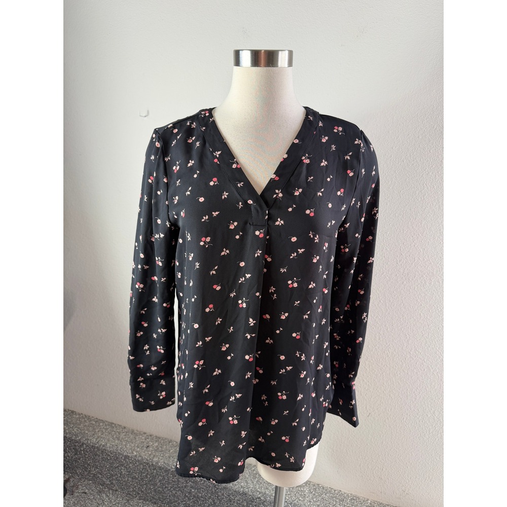Ann Taylor Womens Medium Black Floral V Neck Long Sleeve Blouse Top